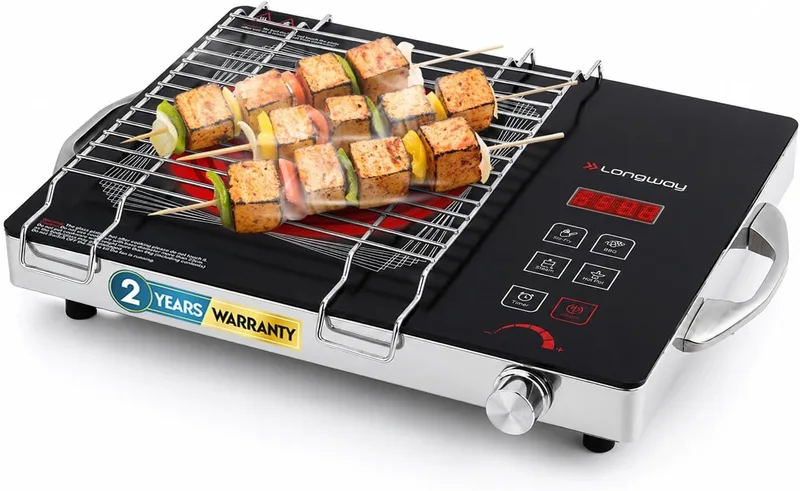 Longway Infralite Pro 2200W Infrared Induction Cooktop with Steel Grill Rack, Crystal Glass Top, Touch Panel & Digital Display, 4 Preset Modes – Stir Fry, BBQ, Hot Pot & Steam, Black
