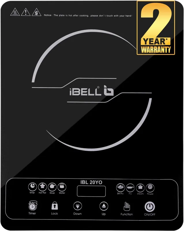 iBELL 20YO 2000W Induction Cooktop featuring Full Touch Control, Auto Shut-Off, Overheat Protection, Durable Crystal Glass Surface, Compact Build & 1+1 Year Warranty (Black)