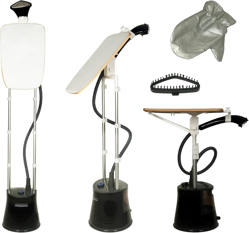 Hamilton Beach Garment Steamer with Stand & Ironing Board, Garment Steamer for Clothes, 45g/min Steam Output, 20s Heat-Up, 6 Steam Levels, Standing Iron Steamer for Clothes with Press Stand