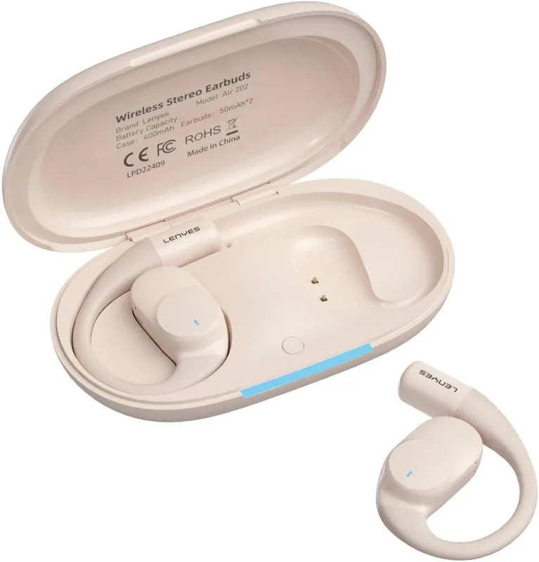 Lenyes AIR 202 Bluetooth 5.4 Wireless Earphones | 7.5H Playtime | 14.2mm Drivers | IPX4 Waterproof | Open-Ear Hook Design | Fast Charging (Off-White)