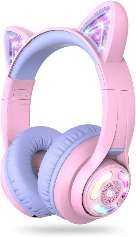 iClever BTH13 Bluetooth Kids Headphones with Mic, Over Ear Headphone Wireless Cat Ear Headphone for Girls Birthday Gift Safe Volume Limited, 45H Playtime, Portable Headset for iPad, Purple