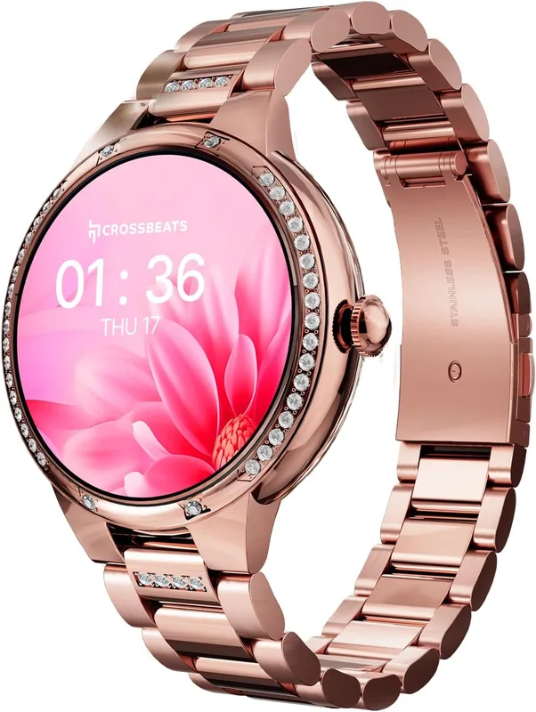 CrossBeats Diva 1.28” Stylish Smart Watch for Women with Stone Studded Bezel| Amoled Display | Female Health Tracker | 100+Sports Modes| Premium Metal Smartwatch with Wireless Charging - (Rose Gold)