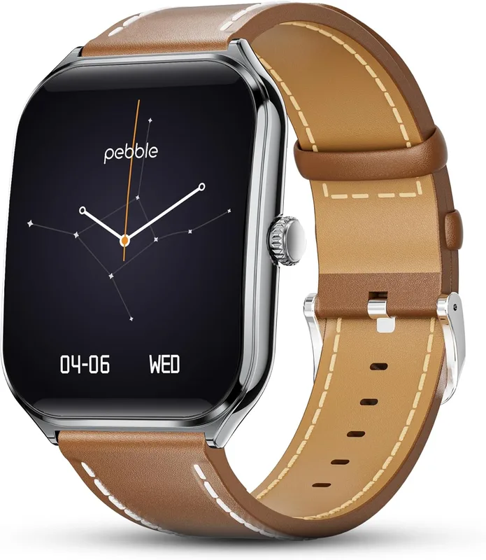 Pebble Newly Launched Royale Edge 1.93” Curved AMOLED Display Smartwatch with Always-On Display | Premium Slim Design| Rotating Crown | Bluetooth Calling | Health Suite | Premium Strap - Brown