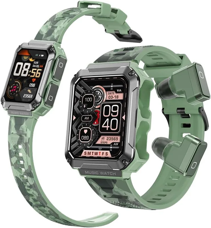 WatchOut WearPods Smartwatch with Wireless Earbuds, GPS Fitness Tracker, Music Storage, Heart Rate, Always-on HD Display, Best Headphones & Smart Watch in one Gift (Military Green)