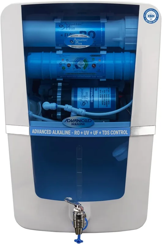 Aquatec Plus - Advanced Alkaline 12 L RO+UV+UF+TDS Water Purifier for home (White, Blue) work up to 3000 tds