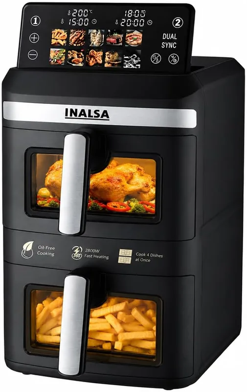 INALSA Double Basket Air Fryer 2800W & 14 L (7L+7L) Large Capacity |Non Toxic,BPA Free|PFOA Food Safety Certified|Cook 2 Full Meals Together|Flip Digital Screen|NutriFry DuoSlim