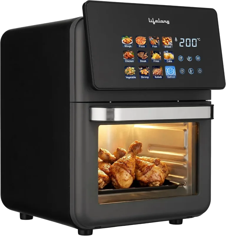 Lifelong Air Fryer Oven 10L | 12 Preset Modes | 1350W Power | Healthy Low Oil Cooking, Rapid Air Technology, Glass Lid | LED Touch Display | Nonstick Easy Clean Kitchen Appliance with Oil Drip Tray