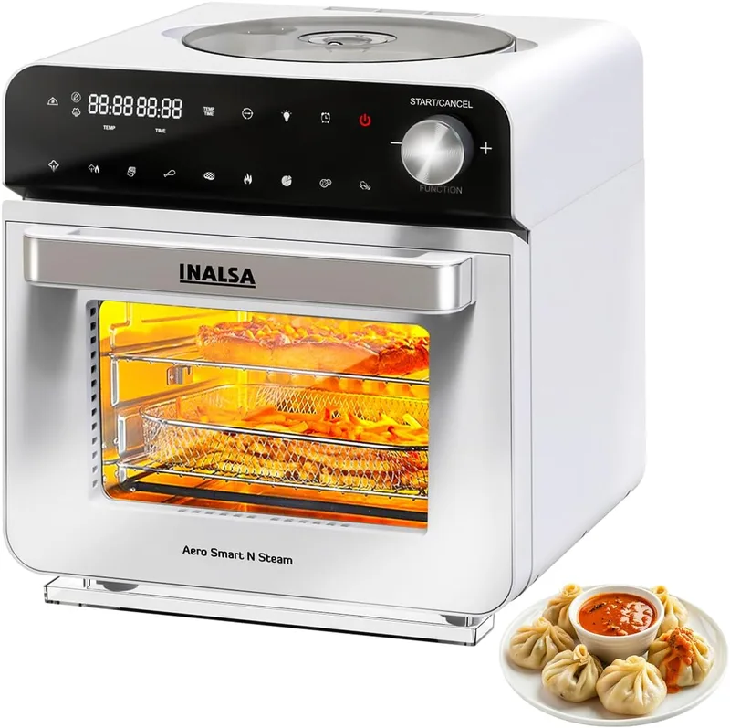 INALSA Air fryer,Oven,Steamer,Rotisserie,Convection|1700 W & 15 L|9 Accessories|Air Fry,Roast,Grill,Steam Vegetables,Idli,Momos,Sanitize|Self Clean Function|2 Yr Warranty(Aero Smart N Steam) White