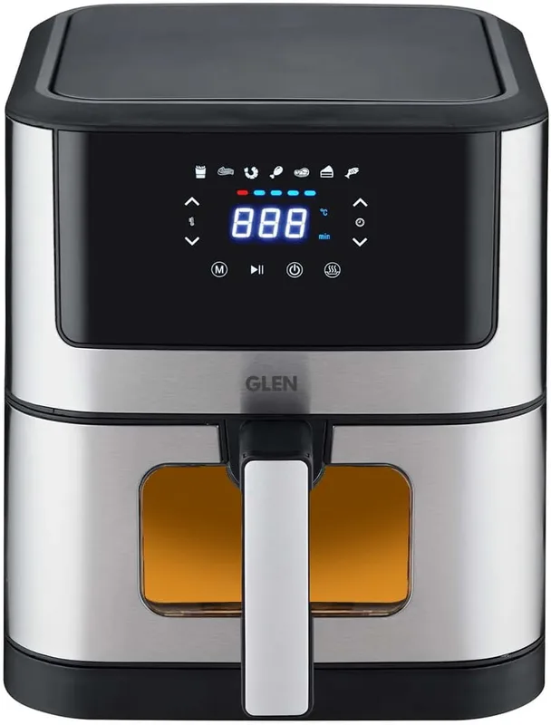 Glen Digital Air Fryer, 6 Litre, 1500W, Digital Controls with 7 Pre-Set Menus, Adjustable 60-Minute Timer, Temperature Control, Fry, Grill, Roast & Bake with Less Oil, Large - Black (SA3043DSS)