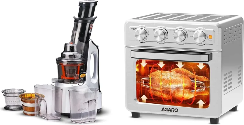 AGARO Imperial 240-Watt Slow Juicer with Cold Press Technology & AGARO Regal Air Fryer 23L, 1700W, Body, 7 Function Settings, 3 Toasting Settings, Baking, Roasting, Toasting, Silver