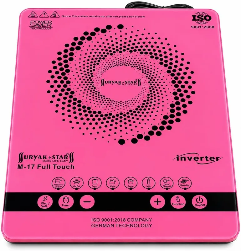 Surya K Star Pink Designer Induction Cooktop 2200W (M-17) — Shatter-Resistant Glass, 8 Indian Cooking Modes (Dosa, Idli, Curry), Power-Saver Inverter | Statement Kitchen Gift