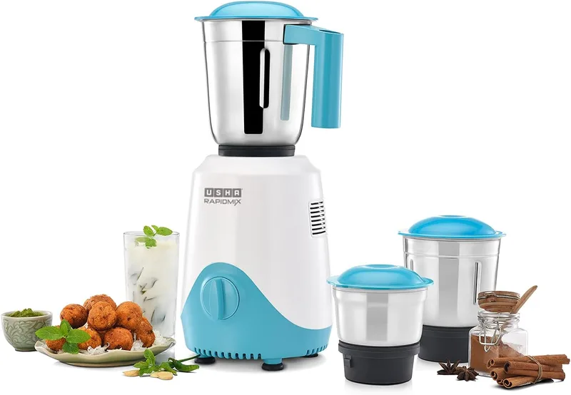 USHA Rapidmix 500-Watt Copper Motor Mixer Grinder With 3 Jars And 2 Years Product Warranty & 5 Years Motor Warranty (Sea Green/White), 500 Watt