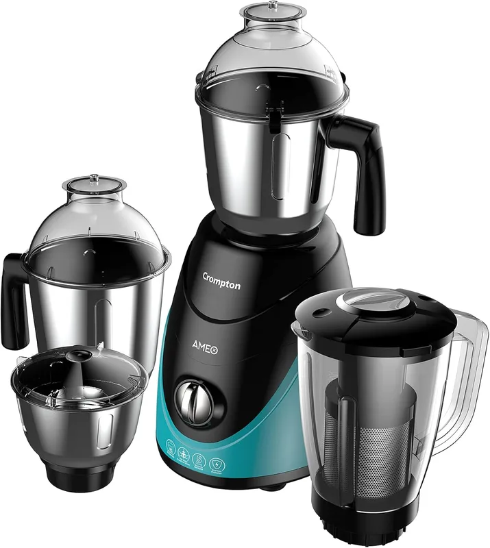Crompton Ameo 750-Watt Mixer Grinder with MaxiGrind and Motor Vent-X Technology (3 Stainless Steel Jars and 1 Juicer Jar, Black & Green) (AMEO-4JARS), 2 Years Warranty.