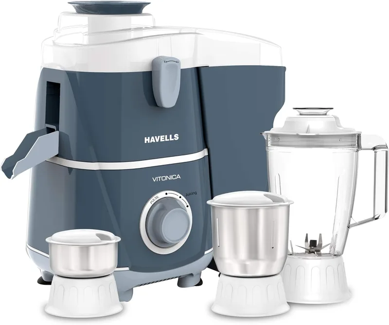 Havells Vitonica 500W Juicer Mixer Grinder 3 Stainless Steel Jars | Large Pulp Container | Foldable Juicing Spout| 2 Years Door Step Warranty by Havells (White & Light Blue)
