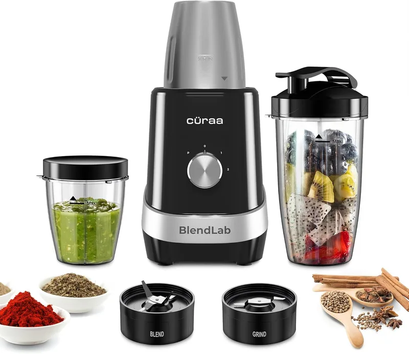 CÜRAA BlendLab by Chef Sanjyot Keer | 400W Bullet Blender Mixer Grinder for Kitchen | Stainless Steel Jar | Dry & Wet Grinding | Speed Control| Smoothies, Masala, Chutney | 2 Year Warranty (Black)