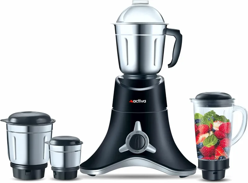 ACTIVA ABS Super Chef 900 Watts Powerful Motor Mixer Grinder 4 Jars For Chutney, Juice and Shakes, Fast Grinding for Wet & Dry Ingridients, Stainless Blade, 2 Years Warranty - Black