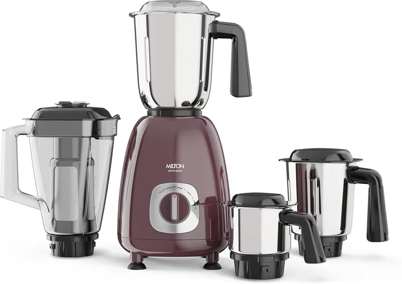 Milton Artis Mixer Grinder, ISI Certified, Grindstone Blade Technology, 3 Jar + 1 Blender Jar, 800 W (21000 RPM), 5 yr motor warranty, 2 yr product warranty I Wine