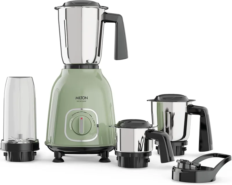Milton Neom Mixer Grinder, ISI Certified, Grindstone Blade Technology, 4 Jar, 550 W (21000 RPM), 5 yr motor warranty, 2 yr product warranty I Pale Green