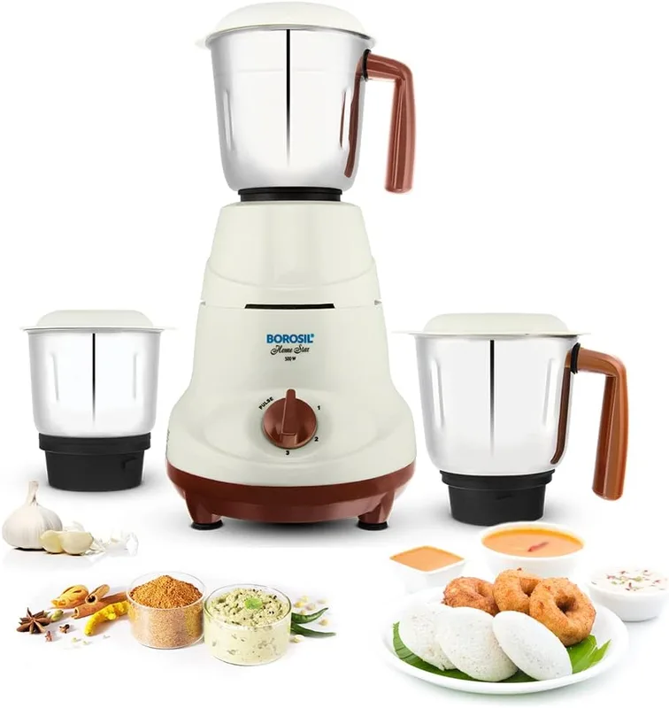 Borosil Home Star Mixer Grinder, For Wet/Dry Mixing & Grinding, 500 Watts, 3 Stainless Steel Jars(1.2 L Blending Jar, 800 ml Dry/Wet Grinder, 400 ml Chutney Jar), Mixie For Kitchen