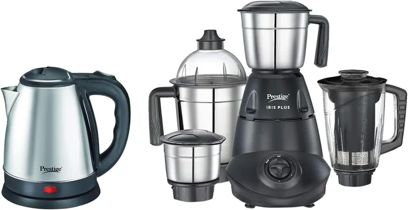 Prestige IRIS Plus 750 watt mixer grinder & Electric Kettle PKOSS - 1500watts, Steel (1.5Ltr), Black