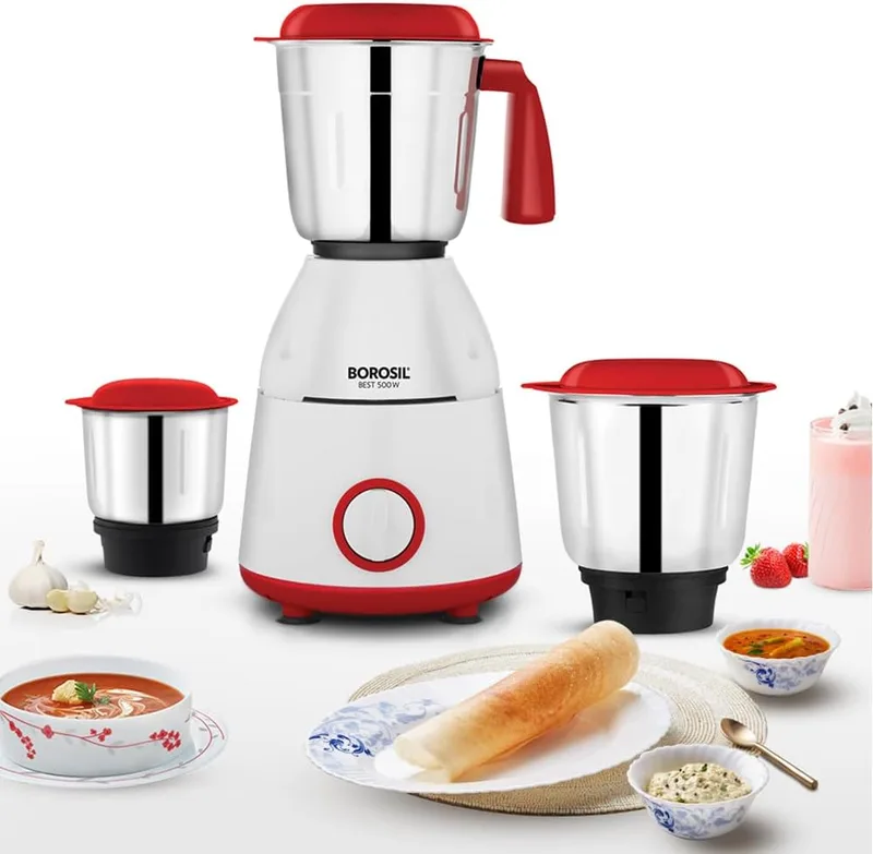 Borosil Best Mixer Grinder, For Wet/Dry Mixing & Grinding, 500 Watts, 3 Jars (400 ml Chutney Jar, 1.2 L Blending Jar, 1 L Grinding Jar), Mixie For Kitchen