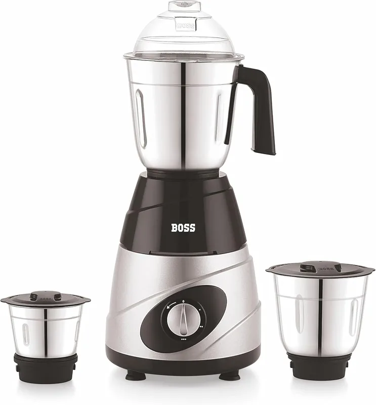 BOSS 550-Watt Mixer Grinder with 3 Jars, Premium Luxe Finish, High Speed Motor, SS Blades, 5 Years Motor Warranty with Overload Protector, Black/Silver