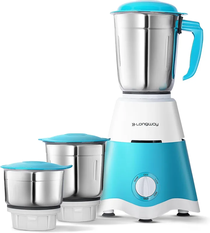 Longway Super Dlx Mixer Grinder | 500 Watt Powerful Motor | 3 Jars for Grinding, Mixing, Juicing | 2 Year Warranty (Blue & White, 3 Jars)