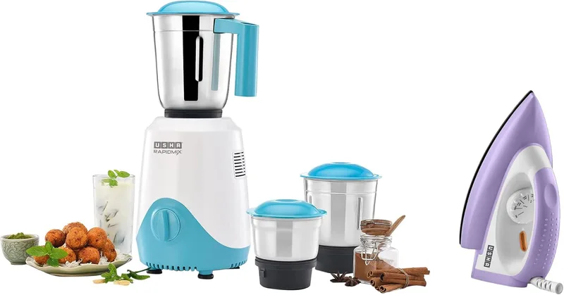 USHA RapidMix 500-Watt Copper Motor Mixer Grinder with 3 Jars (Sea Green/White) & Armor AR1100WB 1100 W Dry Iron with Black Weilburger Soleplate (Purple)