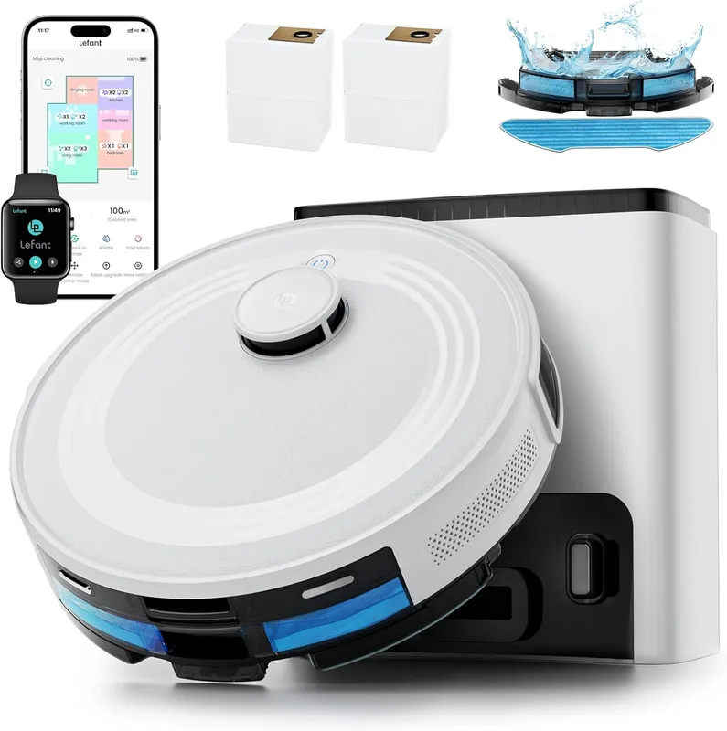 Lefant M2 Plus Robot Vacuum and Mop,Self Empty Station,6000Pa Suction | Anti-tangle for pet hair; custom & no-go zones, Multi-Floor Mapping，90-day auto empty, fits hardwood, tile, carpet