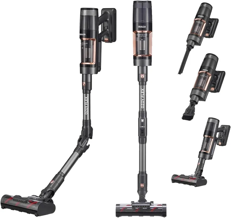 INALSA Cordless Stick Vacuum Cleaner 350W|28KPA Suction|Digital Touch Display|3Speed Control|Flexible 180°Rotation|Motorised BigTurbo Brush&LED Light|1000 ML Dust Tank|3 Layer filteration(Ozoy Flex)