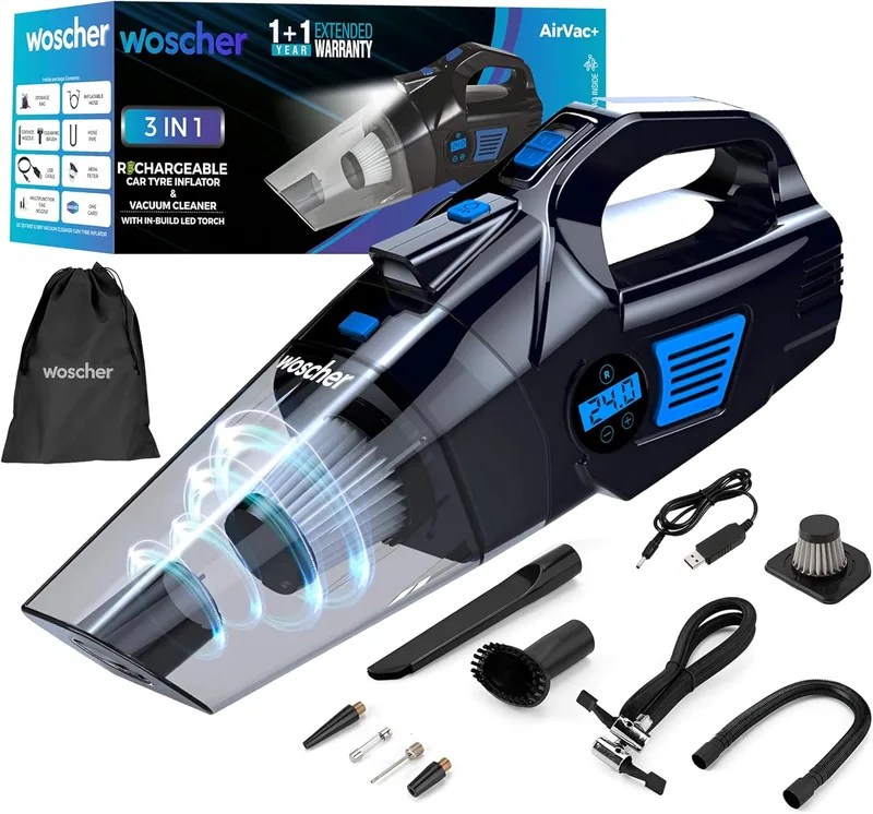 WOSCHER AirVac Pro+ 3in1 USB Rechargeable Car Vacuum Cleaner Cordless,Tyre Inflator,150 PSI Digital Air Pump for Car Tyre|120 Watt Car Vacuum Cleaner High Power 6000PA |LED Light| Auto Shut Off