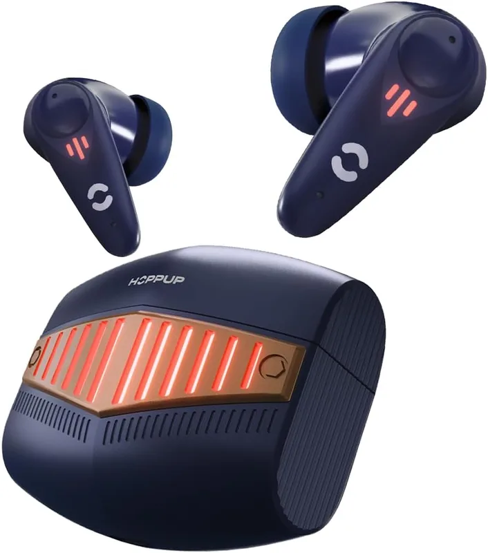 HOPPUP Predator Xo7 Gaming Earbuds with 35MS Low Latency, 13MM Drivers & Quad Mic ENC Bluetooth Headset (Blue, Gold, True Wireless)