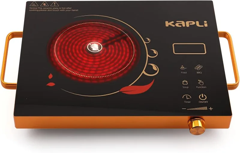 Kapli 2000W Infrared Cooktop Touch Panel | Energy Efficient, Safety Auto-Off & Overheat Protection | Compatible With All Utensils + Free Ss Bbq Grill, Black, Radiant