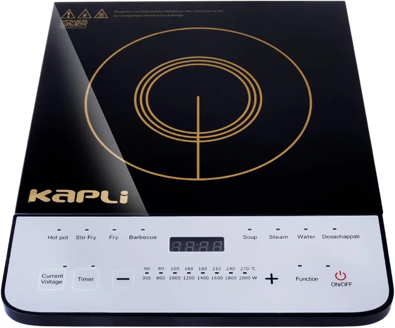 KAPLI 2000 W Induction Cooktop Touch Panel (Black, 8 Pre-set cooking functions Crystal Glass Touch Panel)
