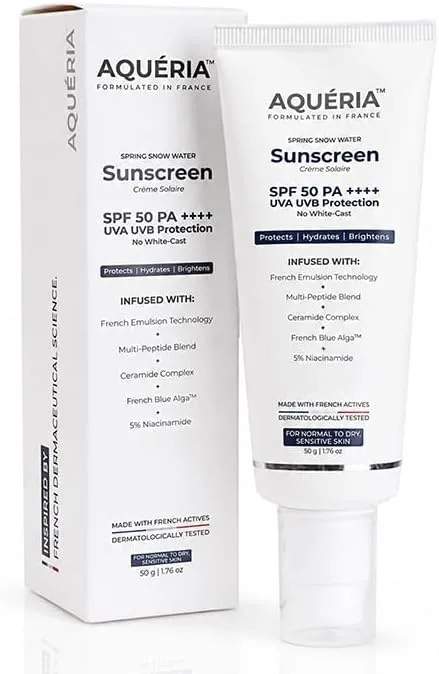 Aqueria Brightening & Moisturizing Multi-Active French Sunscreen SPF 50 PA++++ | In-Vivo/In-Vitro Tested | 5% Niacinamide, 5 Ceramides & Vitamin E | Modern UV Filters | Broad Spectrum UVA/UVB & Blue Light Protection | Lightweight, No White Cast, Sweat Resistant | Suitable for Daily Use | For Normal, Dry & Sensitive Skin | 50g