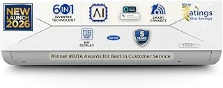 Carrier 1 Ton 5 Star, New Star rated, Wi-Fi Smart Flexicool Inverter Split AC (Copper, Convertible 6-in-1 with Wi-Fi with Geo-Fencing,Smart Energy Display, ESTER EDGE Gxi WiFi-CAI12EE5R36W0, White)