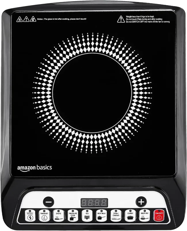 Amazon Basics 1600W Induction Cooktop | 7 Pre-Set Cooking Menus | LED Display | Smart Push Buttons I Energy Efficient, Auto Cut-off, 20A IGBT & 4KV Surge Protection I Black