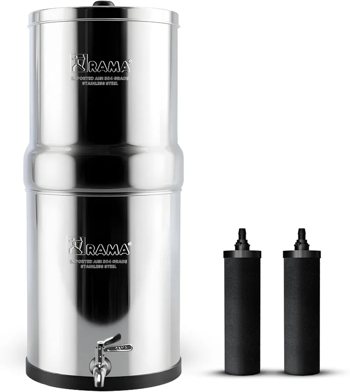 RAMA Gravity Water Filter | 32L Total Capacity (16L Storage) | 304 Stainless Steel Non-Electric Purifier for Home | Includes 2 Carbon Candles & Steel Tap | 10-Year Warranty