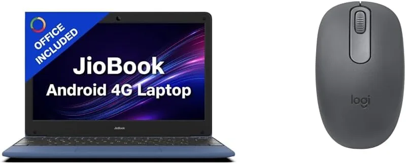 JioBook 11 with Lifetime Office | Android 4G Laptop Mediatek 8788 (JioOS) | Octa-core | 4GB RAM | 64 eMMC Storage | Thin and Light Laptop (11.6 inch, 990 Grams + Logitech M196 BT Mouse