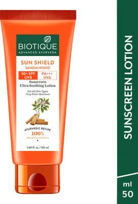 BIOTIQUE Sunscreen - SPF 50 PA+++ Sun Shield Sandalwood 50+SPF UVB Sunscreen Protective Lotion|All Skin Types