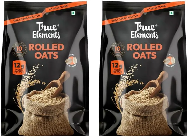 True Elements Rolled Oats 2kg offer pack - 1 month family pack | Wholegrain, High Fibre, High Protein Oats | Keeps You Fuller Longer | 10 years of serving dust free jumbo rolled oats