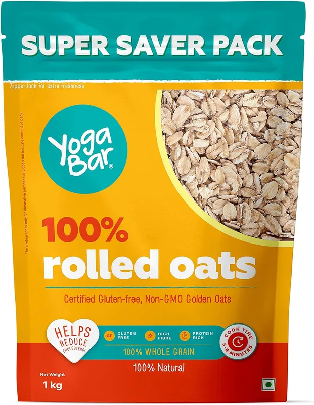 Yogabar 100% Rolled Oats 1 kg Pouch | Premium Golden Rolled Oats, Gluten Free Oats with High Fibre, Non GMO | Healthy Food with No Added Sugar | Diet Food for Weight Management - 1 kg