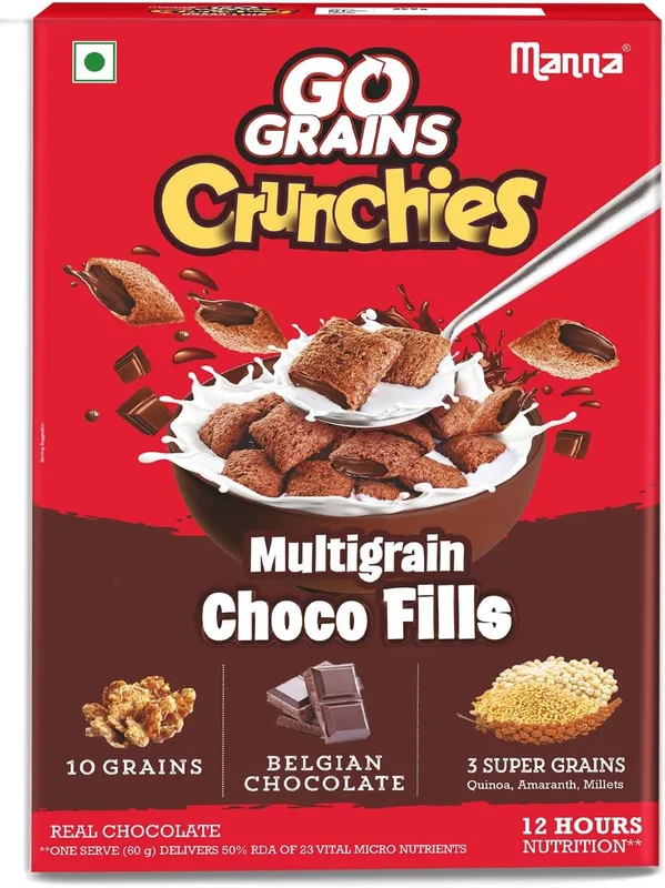 Manna Choco Fills 450G Multigrain. Zero Maida, 10 Grains Protein & Fibre Rich Breakfast Cereal Or Anytime Snack. Go Grains Chocolate Crunchies, 12 Hour Nutrition In Bowl