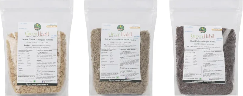 Greenhabit Jowar, Ragi & Bajra Flakes 250 gm each - Nutritious and Gluten-Free Millet Cereal Breakfast cold cereal Poha