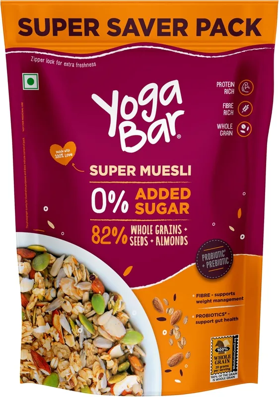 Yogabar Super Muesli, No Added Sugar, Breakfast Muesli with Probiotics & Prebiotics, 84% Whole Grains + Seeds + Almonds, 700g