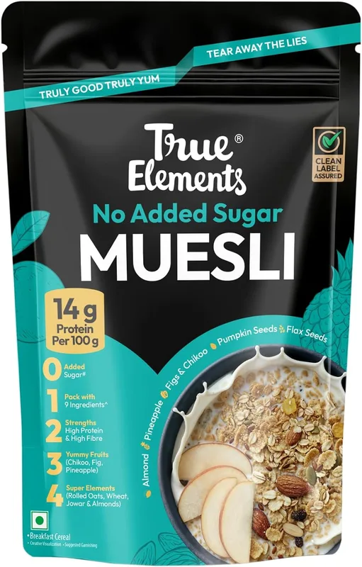 True Elements No Added Sugar Muesli 1kg - Protein muesli -14g protein per 100g | Clean Label Breakfast Cereal | No hidden sugar | Millet Muesli with Jowar | High Fibre