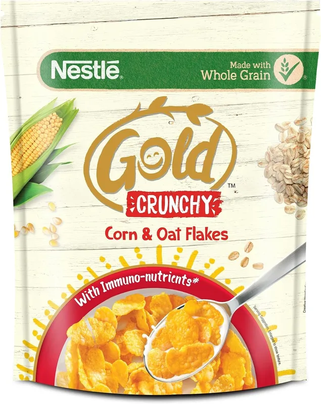 Nestlé Gold Crunchy Corn & Oat Flakes - Breakfast Cereal with Immuno-Nutrients | Made with Whole Grains & The Goodness Of B Vitamins, Calcium & Vitamin D, No Added Colours & Flavours, 850g, Pouch