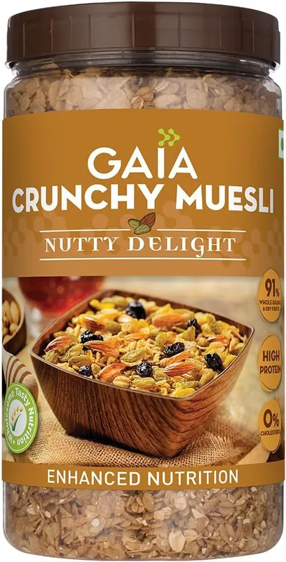 GAIA Nutty Delight Crunchy Muesli 1 kg jar - A Perfect Blend of Multigrains, Nuts, Oats and Cornflakes The Ultimate Healthy and Delicious Breakfast Cereals.