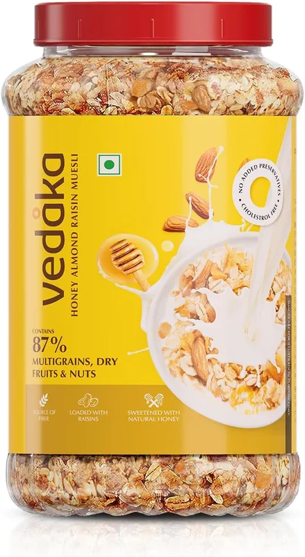 Amazon Brand - Solimo Honey Almond Raisin Muesli 1 kg | Sweetened with Natural Honey | Sweetened with Natural Honey | Contains 87% of Dry Fruits, Nuts and Multigrains | Loaded with Raisins | Source of Fiber | No Added Preservatives