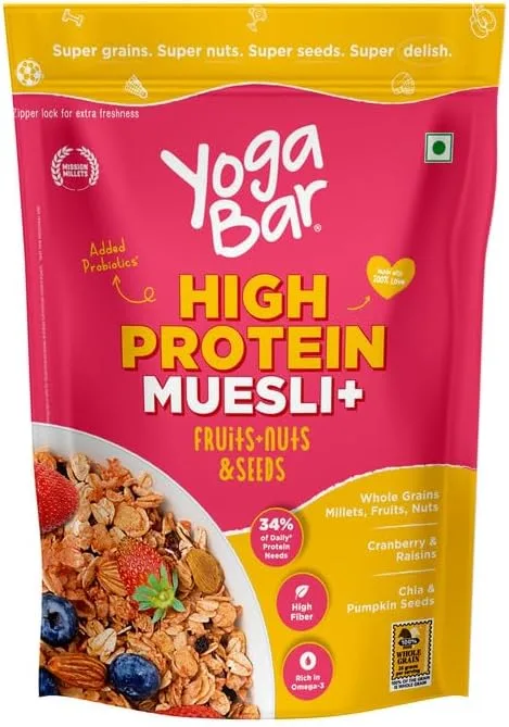 Yogabar High Protein Muesli 850gm Fruits + Nuts & Seeds, 23g Protein per 100g | Packed with dehydrated fruits,nuts & seeds | Best High Protein Breakfast Cereal